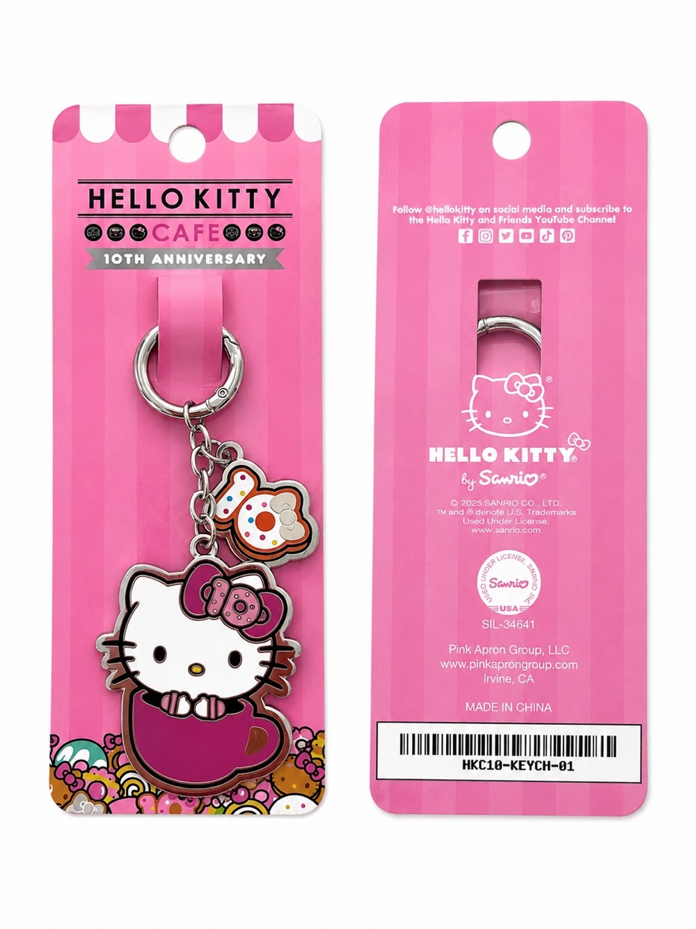Hello Kitty Cafe 10th Anniversary Donut Metal Keychain - Official Sanrio - New